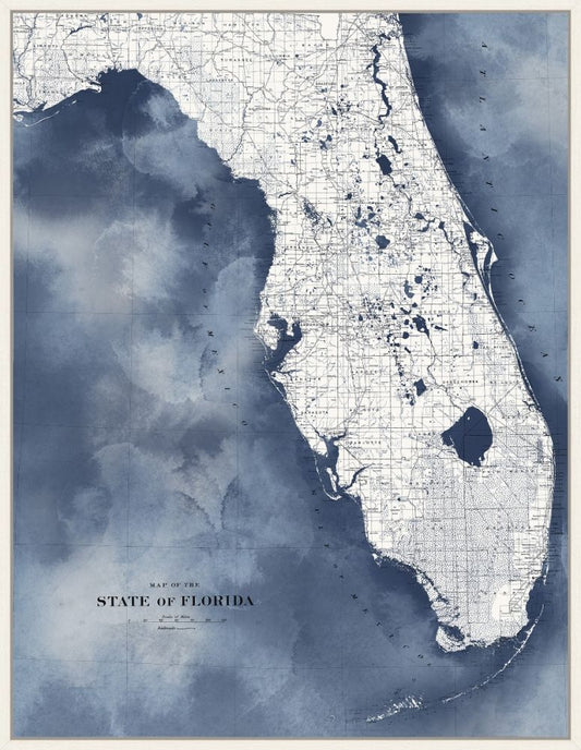 Florida Map in Blue Water on Canvas with White Wash Frame