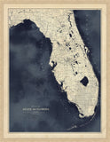 Florida Map in Dark Navy Water with Natural Frame