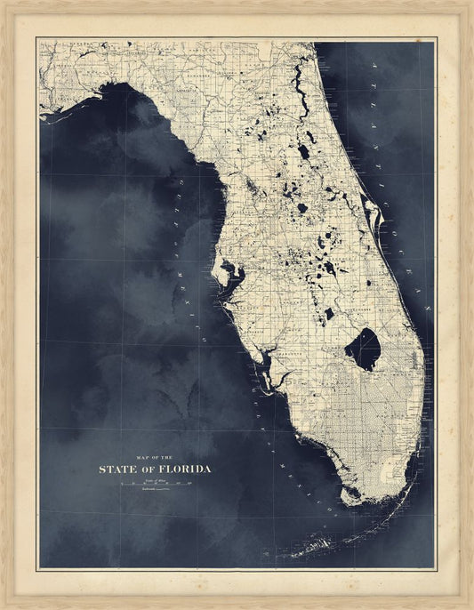 Florida Map Grande in Dark Navy Water with Natural Frame