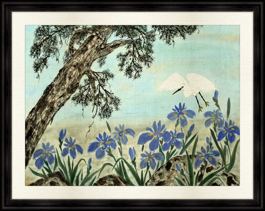 Crane and Irises