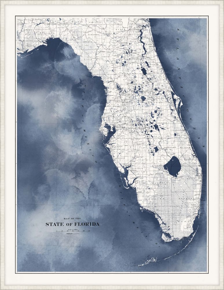 Florida Map in Blue Water with Pearl Frame