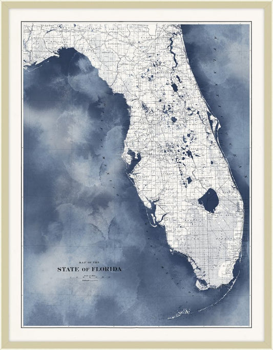 Florida Map in Blue Water with Champagne Frame