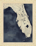 Florida Map in Dark Navy Water with Pearl Frame